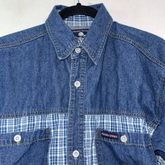 Western Cowboy Denim & Plaid Long Sleeve Shirt Size 18 - Picture 2 of 8